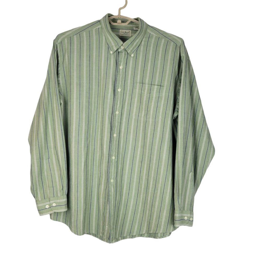 LL Bean Shirt Mens size XL Regular Button Down L/S Cotton Stripped Green 0XL78
